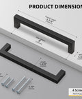 10 Pack 5 Inch Black Cabinet Handles Matte Black Drawer Pulls Stainless Steel 128mm Square Bar Modern Cabinet Hardware