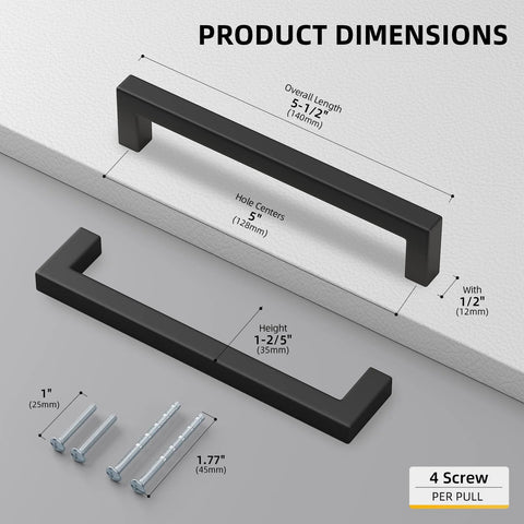 10 Pack 5 Inch Black Cabinet Handles Matte Black Drawer Pulls Stainless Steel 128mm Square Bar Modern Cabinet Hardware