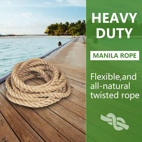 Heavy Duty 1 Inch Manila Rope 164 Feet Natural Jute Thick Twisted Rope DIY Ready Go To For Railing Docks Tug Of War