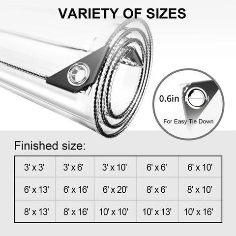 Close-up of Six By Ten Foot Clear Waterproof Tarp With 11.8 Mil PVC Heavy Duty Tear Resistant Cover and grommet size details.