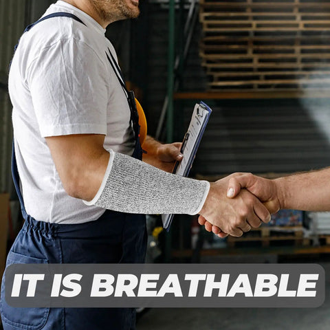 Boss Level Cut Resistant Arm Sleeves Hppe Anti Slash Protective Guards 18 Cm Gray Work Safety Gear For Mechanics And Gardeners Four Pack That Hits Different And Stays Lock Tight during handshake in warehouse.