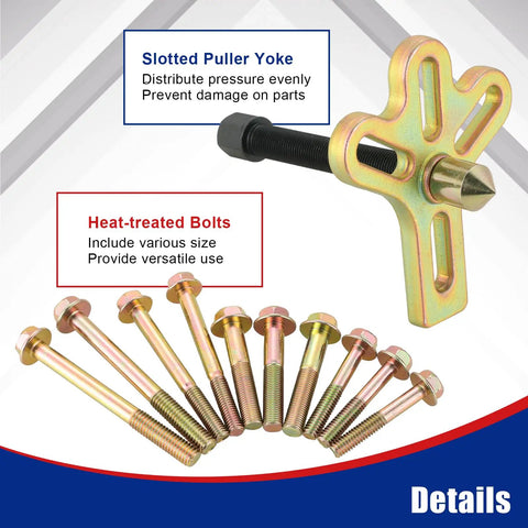 Harmonic Balancer Steering Wheel Puller Kit 13 Piece Set with slotted puller yoke and heat-treated bolts for auto maintenance.