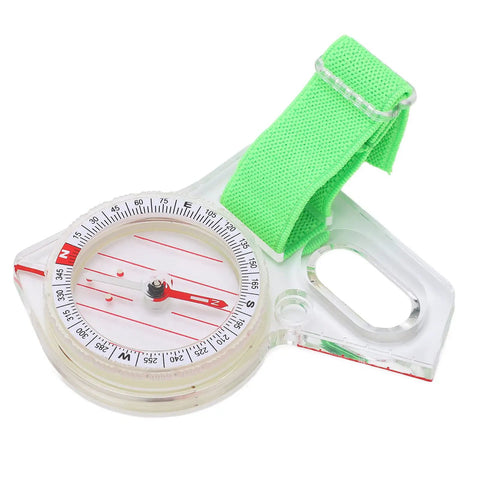 Thumb Orienteering Compass For Outdoor Navigation with green loop, luminous acrylic body, compact hiking tool