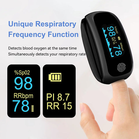 Black rechargeable finger pulse oximeter with SpO2 and pulse rate, respiratory monitoring, touchscreen control; not for medical use.