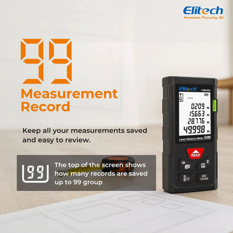 Kick The Bucket On Flimsy Metal Tapes And Grab This Boss Level Laser Distance Meter With Built In Bubble Level For Nailing Wall Measurements Or Furniture Layouts Without Breaking A Sweat, showing a digital display with saved measurement records.