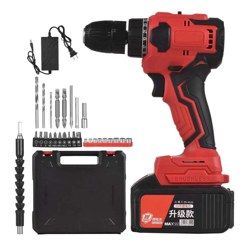Heavy Duty Brushless Impact Drill Boasting 21 Volt Cordless Muscle And A Beefy 3 8 Inch Chuck with accessories and charger.