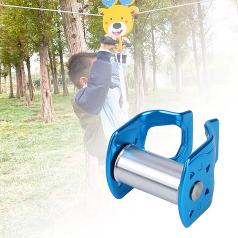Child using outdoor zipline with Slackline Pulley For Outdoor Zipline Obstacle Course Portable Aluminum Slider Pulley.