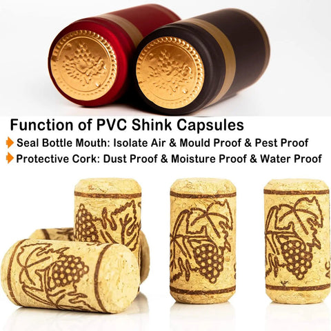 Top Shelf Home Winemaking Gear 100 Natural Wine Corks Plus 100 Heat Shrink Caps on display showing sealing methods and usage.