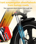 Foldable Electric Bike For Adults With 7 Speed 20x4 Fat Tires 1500W Peak Top Speed 28 MPH 960Wh Removable Battery LG High Capacity Ebike For City Commuting Trails Sunset Orange with front suspension close-up.