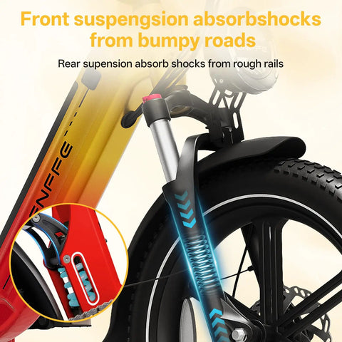 Foldable Electric Bike For Adults With 7 Speed 20x4 Fat Tires 1500W Peak Top Speed 28 MPH 960Wh Removable Battery LG High Capacity Ebike For City Commuting Trails Sunset Orange with front suspension close-up.