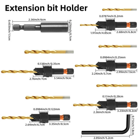 12-pc HSS countersunk drill bit set with magnetic extension and storage box for woodworking; sizes #4-#12.