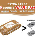 3in1 Leather Cleaner Wipes Extra Large 8x10, 70 count, value pack packaging highlighting size comparison with other brands