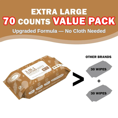 3in1 Leather Cleaner Wipes Extra Large 8x10, 70 count, value pack packaging highlighting size comparison with other brands
