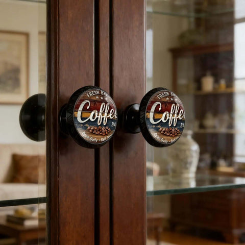 4 Pack Fresh Brewed Coffee Cabinet Knobs Acrylic Round Drawer Pulls For Dresser Cupboard Doors Handles Open Daily Self Serve Cafe Vibe Coffee Bar Decor Accent on wooden cabinet doors