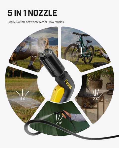 Foldable Cordless Pressure Washer For Quick Light Cleaning On Patio, Bikes, And Camping with 5 in 1 Nozzle display