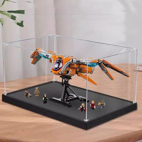 Epic Clear Acrylic Display Case For Airships Model 76193 with a model airship and figures, 25.5x15.7x11 inches, on a table.