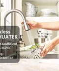 Person using kitchen faucet with Tankless Electric Water Heater On Demand With Smart Control Instant Hot Water At Point Of Use 240V 6.5kW.