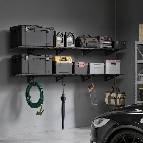 2-Pack Heavy Duty Garage Wall Shelving Units, 6-Foot Long Steel Wall Mounted Shelves storing tools and boxes