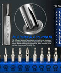 Close-up of 10 precision screwdriver bits for Grab And Go Magnetic Eyeglass And Sunglass Repair Kit, showing size variety.