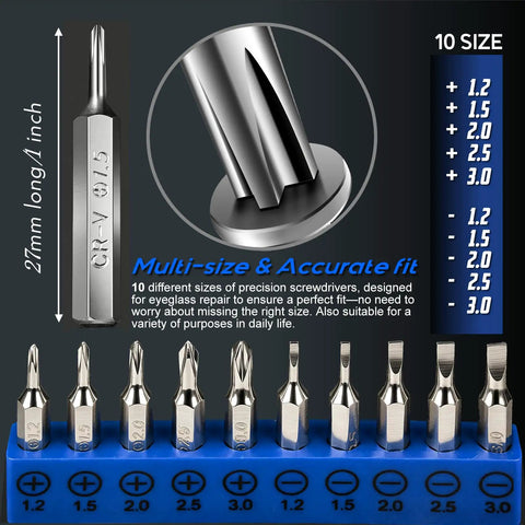 Close-up of 10 precision screwdriver bits for Grab And Go Magnetic Eyeglass And Sunglass Repair Kit, showing size variety.