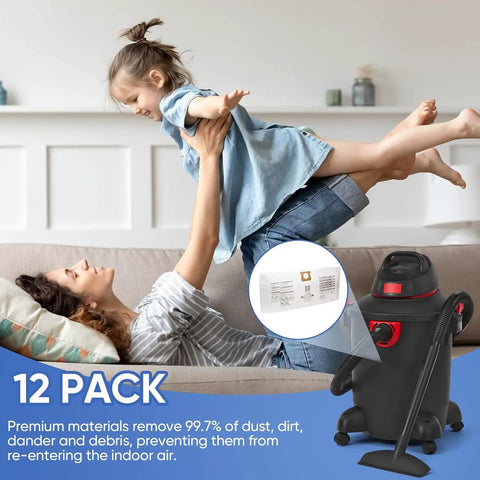 Mother playing with her child next to vacuum bag pack showing 12 Pack Shop Vac Vacuum Bags For 10 14 Gallon Heavy Duty Type F And Type I.