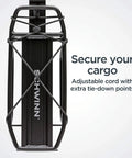 Rear Bike Rack With 20 Lb Capacity Lightweight Alloy Cargo Hauler Durable Construction Fits Most Adult Bicycles Easy Seat Post Mount Great For Backpack Gear Groceries And More close-up view of adjustable cord and tie-down points.