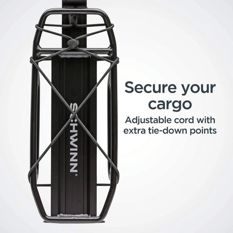 Rear Bike Rack With 20 Lb Capacity Lightweight Alloy Cargo Hauler Durable Construction Fits Most Adult Bicycles Easy Seat Post Mount Great For Backpack Gear Groceries And More close-up view of adjustable cord and tie-down points.