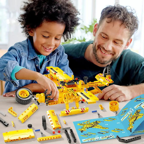 Father and son assembling a 2 in 1 Truck And Airplane STEM Building Set, 361 Pcs DIY Construction Toys For Kids Aged 6 To 12