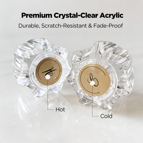 Shower Knob Replacement For D-Shaped Stem Two-Handle Faucets showing clear acrylic hot and cold knobs with index buttons.