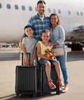 Two black Bulyoou 20-inch ride-on luggage with seat, spinner wheels at airport.