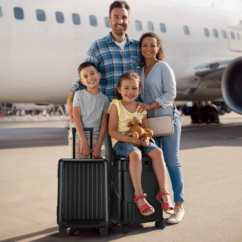 Two black Bulyoou 20-inch ride-on luggage with seat, spinner wheels at airport.
