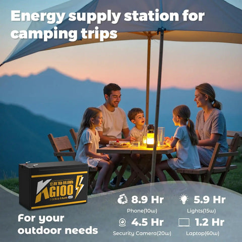 Family camping with Beefy 12V 7Ah LiFePO4 Deep Cycle Battery powering lights and devices under a tent.