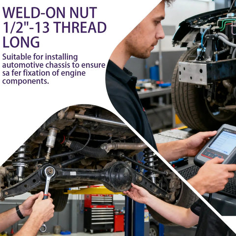 Weld on nut 1/2 inch 13 thread long used in auto chassis assembly for secure engine component attachment.