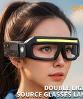 Person wearing Ultra Bright LED Glasses With Rechargeable Headlight Motion Sensor And Touch Control Five Modes USB C Lighting