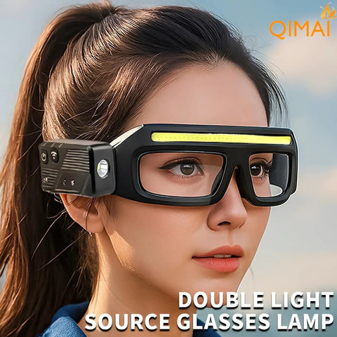 Person wearing Ultra Bright LED Glasses With Rechargeable Headlight Motion Sensor And Touch Control Five Modes USB C Lighting