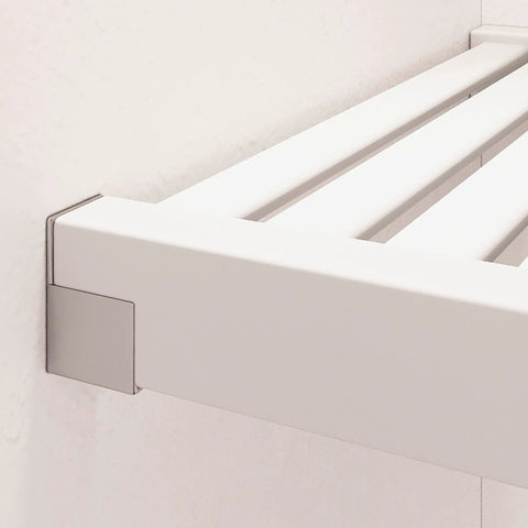 Solid Wood Cut To Fit Closet Storage Kit In Clean White Featuring Reinforced Garment Bars And Deep Spaced Shelving - Close-up of slatted shelf end.