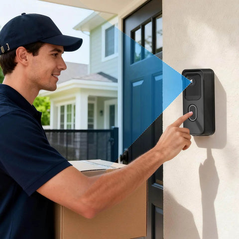 Delivery person using No Drill Doorbell Camera Mount For Blink Video Doorbell Second Generation With Adhesive Tape Mount