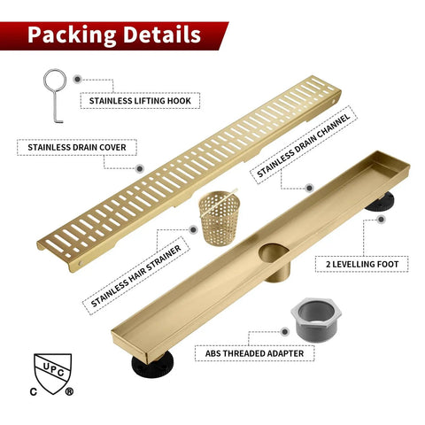 Packing details of 36 Inch Linear Shower Drain Gold Rectangular Floor Drain With V Shape Channel For Fast Drainage 304 Stainless Steel cUPC Certified