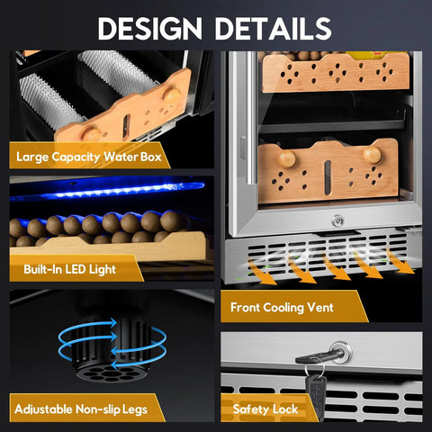 Design details of Premium Cigar Humidor Cabinet with Humidity and Temperature Control, 88L capacity and 640 cigars, Spanish cedar drawers.