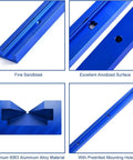 2 Pack 36 Inch Aluminum T Track Kit With Screws For Universal T Track Accessories Blue Premium 6063 Aluminum Sandblasted Finish A Beefy Pick for Woodworking Jigs Tables Router Guides And DIY Projects, showing close-ups of blue anodized sandblasted 6063 aluminum with pre-drilled holes.