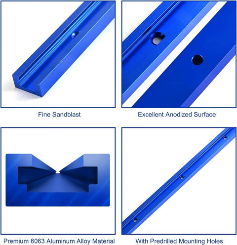 2 Pack 36 Inch Aluminum T Track Kit With Screws For Universal T Track Accessories Blue Premium 6063 Aluminum Sandblasted Finish A Beefy Pick for Woodworking Jigs Tables Router Guides And DIY Projects, showing close-ups of blue anodized sandblasted 6063 aluminum with pre-drilled holes.