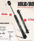 7 Inch 18 Lb Gas Struts For RV Cabinet Doors With Brackets Set Of 2 showing dimensions and components included in the package.