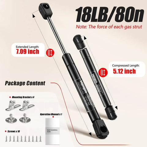7 Inch 18 Lb Gas Struts For RV Cabinet Doors With Brackets Set Of 2 showing dimensions and components included in the package.