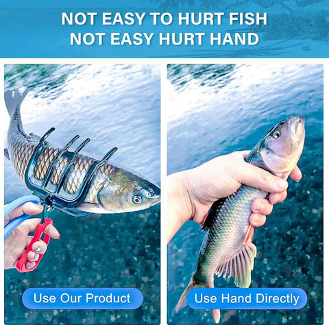 Two images: Left shows 3 Claw Fish Gripper With No Slip Grip holding fish; right shows hand holding fish without gripper.