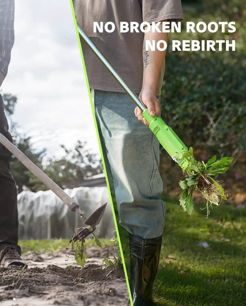 TaskStar 21V Battery Powered Weed Puller Tool With Two 2000Mah Batteries steel root weeder pulling dandelions from soil.