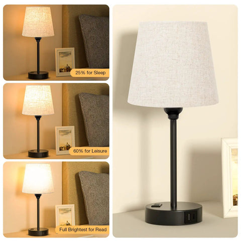 Set Of 2 Dimmable Touch Bedside Lamps With USB C And AC Outlet Charging Station, 3 dimming levels for bedroom or guest room.