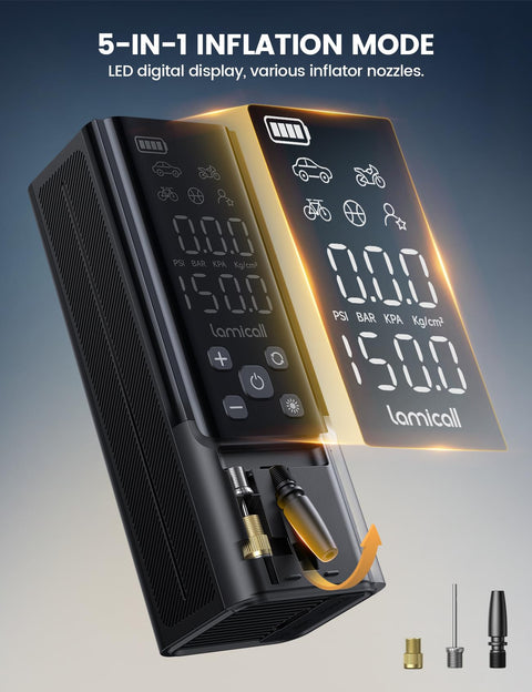 Portable Car Tire Inflator Air Compressor 150 PSI Cordless Quick Inflate With Gauge, LED display and nozzle attachments