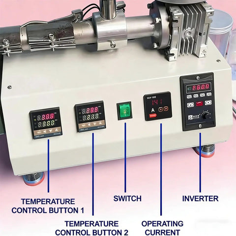 Control panel of Kickstart Your Maker Rig With Slick 1000W Filament Extruder showing temperature and current settings.