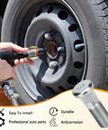 Person installing Straight Up Heavy Duty 5 Pack Car Wheel Studs And Steel Lug Bolts 44 Mm Long on a vehicle wheel.