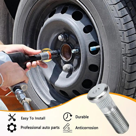 Person installing Straight Up Heavy Duty 5 Pack Car Wheel Studs And Steel Lug Bolts 44 Mm Long on a vehicle wheel.
